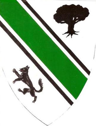 Argent, a bend vert cotised between an oak tree and a wolf rampant sable.