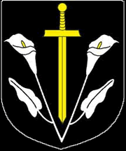 Sable, a sword inverted Or between in pile two calla lilies slipped and leaved conjoined in base argent.