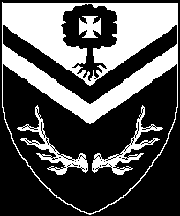 Per chevron inverted argent and sable, a chevron inverted counterchanged between in chief a tree eradicated sable charged with a cross formy and in base a pair of antlers in chevron inverted argent.