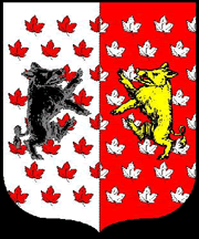 Per pale argent and gules all semy of maple leaves counterchanged, two boars combattant the dexter sable and the sinister Or.