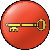 SCA Seneschal Badge: Gules, a key fesswise Or